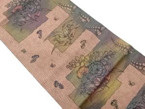 色紙に草花模様織出し名古屋帯